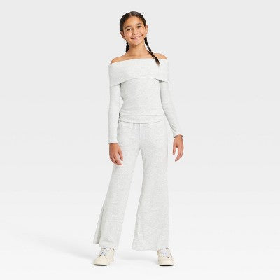 Girls' Off the Shoulder Long Sleeve Knit Top Heather Gray L