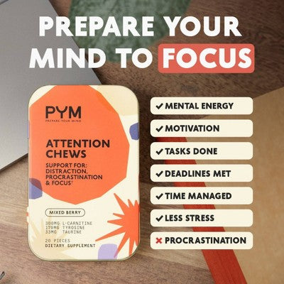 PYM Attention Vegan Chews - Focus Gummy Supplement - Mixed Berry - 20ct