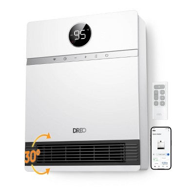 DREO 1500W Wall-Mounted Ceramic Heater Ultra-Quiet Smart Control and ECO Mode 30 Manual Oscillation with Alexa Compatible White