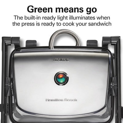 Hamilton Beach Panini 25460Z: Nonstick Grill & Sandwich Maker, 1400W, Silver, Hand Wash, Metal, 1-Year Warranty