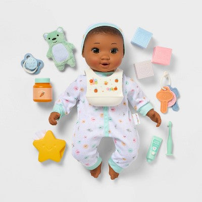 14" Baby Doll Set - Dark Brown Hair + Brown Eyes - Gigglescape: Includes Plush, Pacifier, Play Food, Keychain