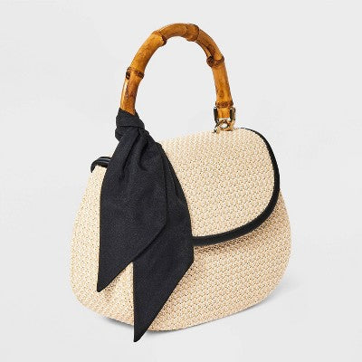 Straw Bamboo Top Handle Handbag - A New Day Natural/Black