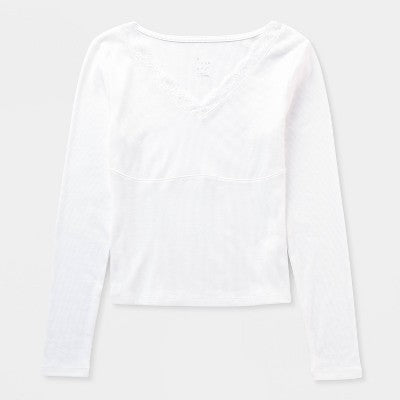 Women's Lace Trim V-Neck Ribbed Top - A New Day White L