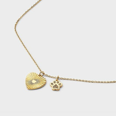 14k Gold Dipped Cubic Zirconia Heart and Paw Necklace with Paw Charm 2pc Set - A New Day Gold