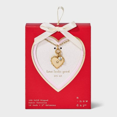 14K Gold Dipped Cubic Zirconia Vintage Heart Pendant Necklace - A New Day Gold