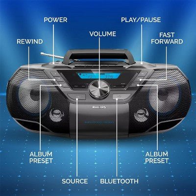 PHILIPS Portable CD Player Boombox – Bluetooth, USB, MP3, Cassette, FM Radio, Bass Boost, Digital Display, Powerful Sound