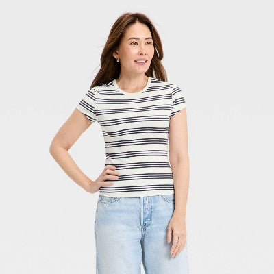 Women's Ribbed T-Shirt - Universal Thread Cream Striped S