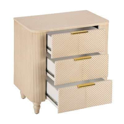 ModernLuxe Fluted 3 Drawers Nightstand Bedside Table End Table, Mid-Century Side Table with Gold Glossy Handles & Gourd Legs, Champagne (LOCAL PICKUP ONLY)