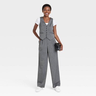 Womens High-Rise Pleat Straight Trousers Charcoal Pinstripe 2L