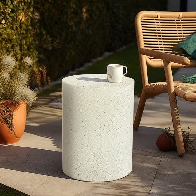 LuxenHome Round Patio Side Table Off White with Speckled Gray Cement, Accent Table for Outdoor and Indoor Off-White (LOCAL PICKUP ONLY)