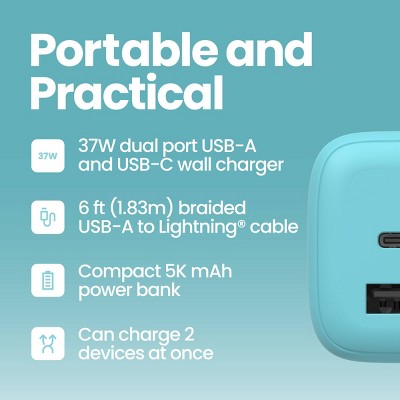 GEMS USB-A to Lightning Charging Gift Set with 5000MmAh Power Bank, Cable, and Wall Charger - Teal Blue