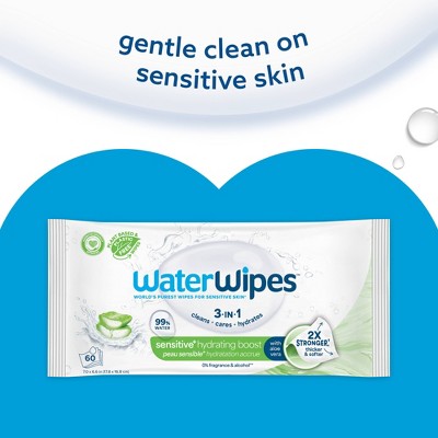 WaterWipes Sensitive+ Hydrating Boost Wipes, 3-In-1 Cleans, 99% Water with Aloe Vera, Unscented & Hypoallergenic Baby Wipes - 240ct