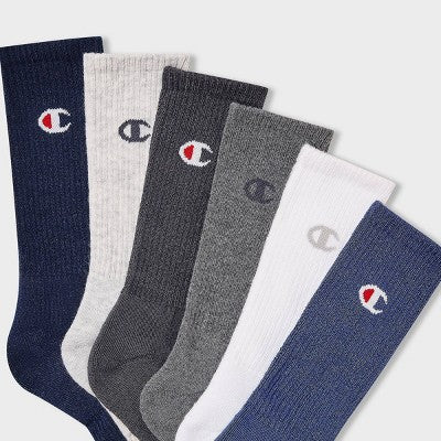 Champion Iconic Essentials Men's 6pk Cushion Crew Socks - Blue 6-12