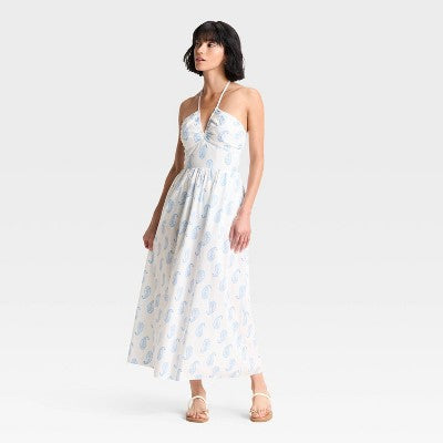 Women's Maxi Halter A-Line Dress Universal Thread White Paisley L