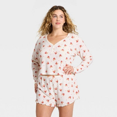 Women's Waffle Long Sleeve Top and Shorts Pajama Set S