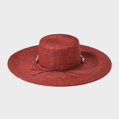 Straw Wide Brim Boater Hat with Shell Detail - Universal Thread Burgundy
