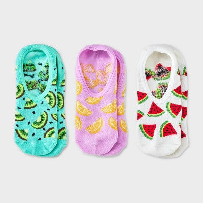Women's Fruits 3pk Liner Socks - Pink/Ivory/Aqua 4-10: Midweight Knit, Hidden Gel Heel Grip