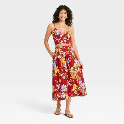 Women's Luxe Linen Corset Top - A New Day Red Floral M