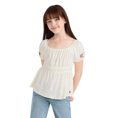 Levi's Girls' Smocked Puff Sleeve Top - White S