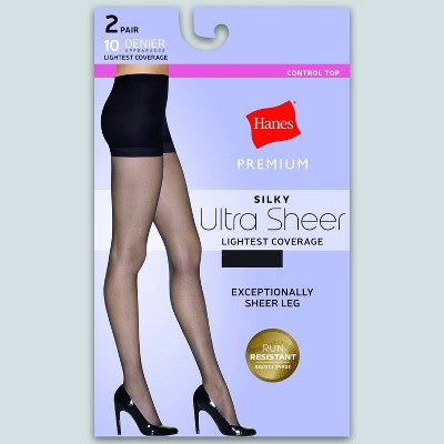 Hanes Premium Women's 2pk Ultra Sheer Run Resist Pantyhose - Black M: Hosiery, Tagless, High Waisted
