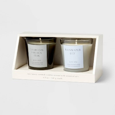 2pk Votive Candle Gift Set Rainwater Lily Charcoal and Black Teak - Threshold