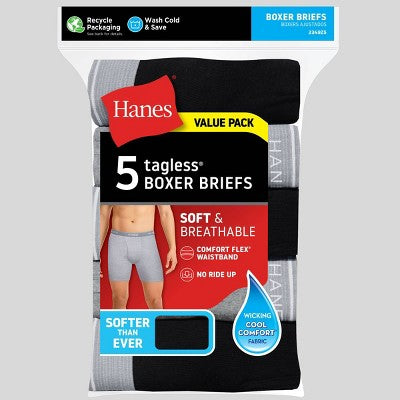 Hanes Men's Boxer Briefs 5pk - Black/Gray S: Tagless, Moisture Wicking, Breathable, Lightweight Fabric