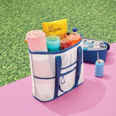 Beach Tote Bag with Zipper Bottom Tan Stripe / Navy - Sun Squad
