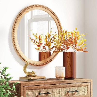 28" Dia Round Wooden Beaded Wall Mirror Natural - Threshold: Beaded Detail, No Assembly Required (LOCAL PICKUP ONLY)