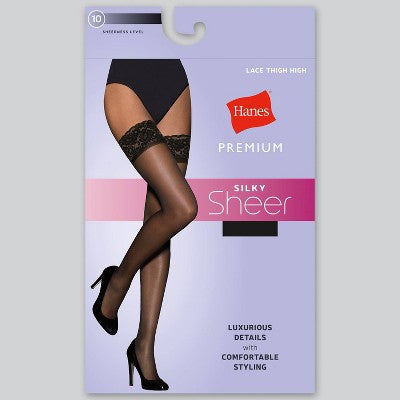 Hanes Premium Women's Sheer Thigh Highs - Black XL: Elastic Leg Opening, Reinforced Toe, Nylon-Spandex Blend, Hand Wash