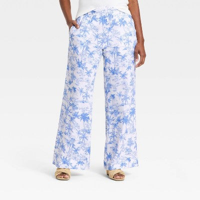 Women's Linen Wide Leg Pull-On Pants Blue/White Toile M Long