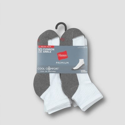 Hanes Premium Men's Cool Comfort Ankle Socks 10pk - White 6-12