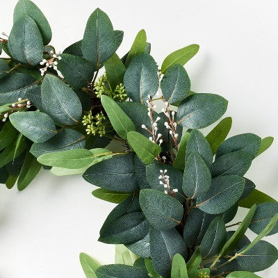 26" Eucalyptus Wreath with Ribbon Green - Artificial, Indoor Use, Unlit - Threshold designed with Studio McGee