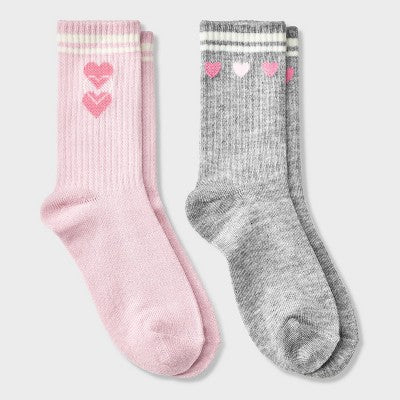 Girls' 2pk Heart Crew Socks - Cat & Jack Pink/Gray S