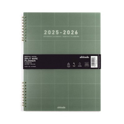 Altitude Supplies 8.5"x11" Monthly Planner, July 2025 to June 2026, Dark Sage Grid