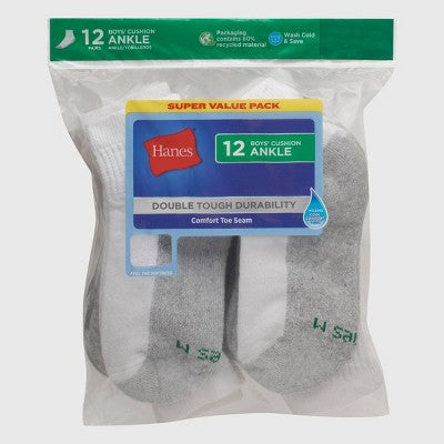 Hanes Boys' 12pk Cushioned Ankle Athletic Socks - White M