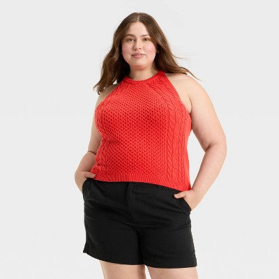 Women's Cable Crewneck Pullover Sweater Vest - A New Day Red 1X