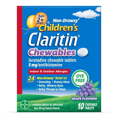 Claritin Children's 24-Hour Allergy Relief Chewables, Non-Drowsy, 5mg Loratadine, Dye-Free, Grape, Ages 2+ - 10ct