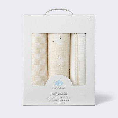 Muslin Swaddle Baby Blanket - Birds Stripes - 3pk - Cloud Island