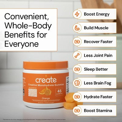Create Wellness Creatine Monohydrate Sports Nutrition Supplements Gummies - Orange - 8oz/45ct: Vegan, Gluten-Free, Non-GMO