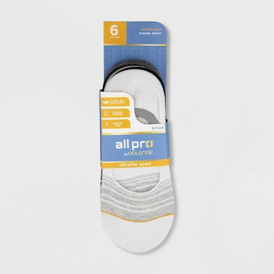 All Pro Women's 6pk Sport Liner Socks - White/Black/Gray 4-10: Moisture Wicking, Hidden Gel Heel Grip