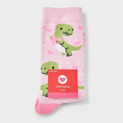 Women Cute Dinos Valentine's Day Crew Socks - Pink 4-10