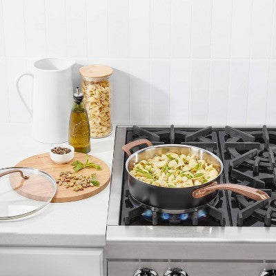 Cuisinart 3.5qt Matte Black Stainless Saute Pan with Cover Blush Bronze and Helper Handle: Cookware, Tempered Glass Lid