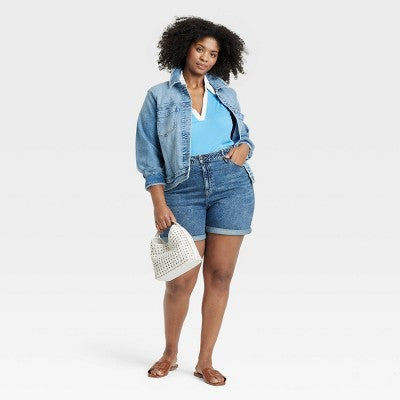 Womens High-Rise Midi Cuffed Jean Shorts Ava & Viv 17