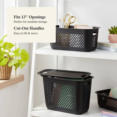 Narrow Medium Decorative Plastic Bin Black - Brightroom: Modern Storage with Cut-Out Handles, 13" Cube Compatible