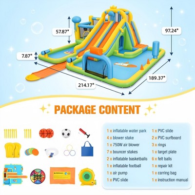 BATHWA 18x15.8Ft 22-in-1 Jellyfish Ocean Inflatable Water Park for Kids Backyard w/Dual Slides|10 Foot PVC Slip Water Slide|2 Bodyboards|750W Blower (LOCAL PICKUP ONLY)