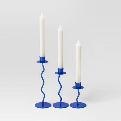 3pk Wavy Taper Candle Holder Set Blue - Room Essentials