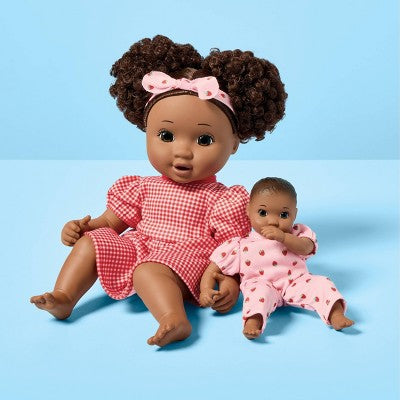 14" Dark Brown Hair/Brown Eyes Toddler Doll + Mini Baby Doll - Gigglescape