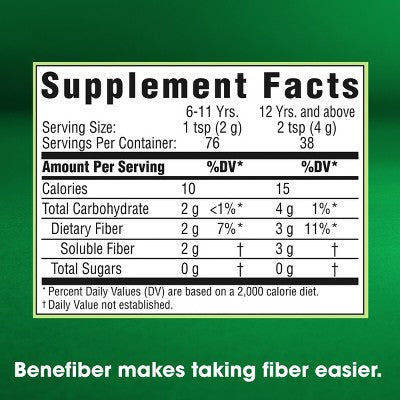 Benefiber Prebiotic GLP-1 Friendly Fiber Powder Unflavored - 76 Teaspoons - 5.1oz