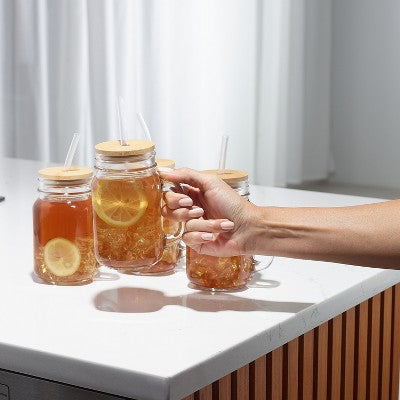 4PC Glass Jars with Bamboo Lids and Straw, 16oz Mason Jar Drinking Glasses – Reusable Tumbler Set for Cold Beverages