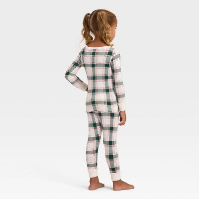 Toddler Plaid RibbedShirt and Pants Holiday Pajama Set - Cream 3T